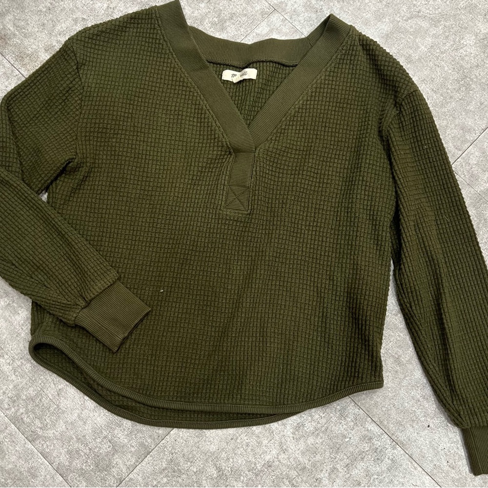 Madewell Olive Green Waffle Knit V-Neck Sweater